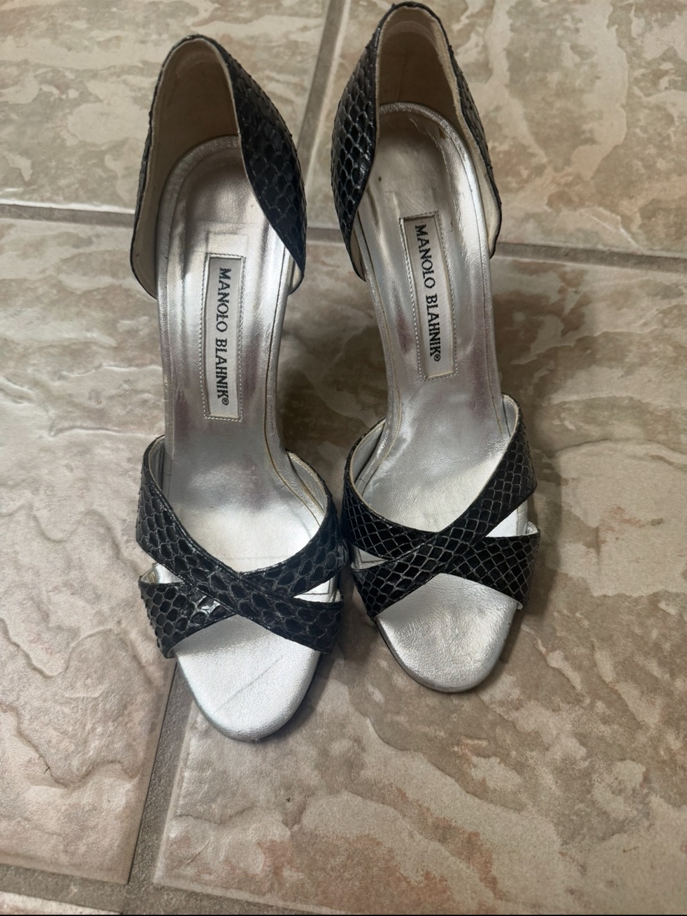Manolo Blahnik Black Snakeskin D'Orsay Crisscross Heels